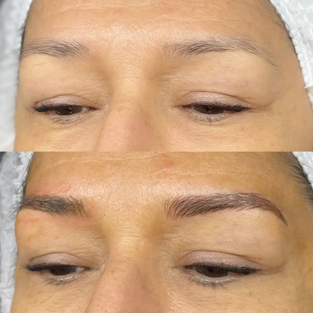 Close-up of a client's brows before (top) and after (bottom) a brow service