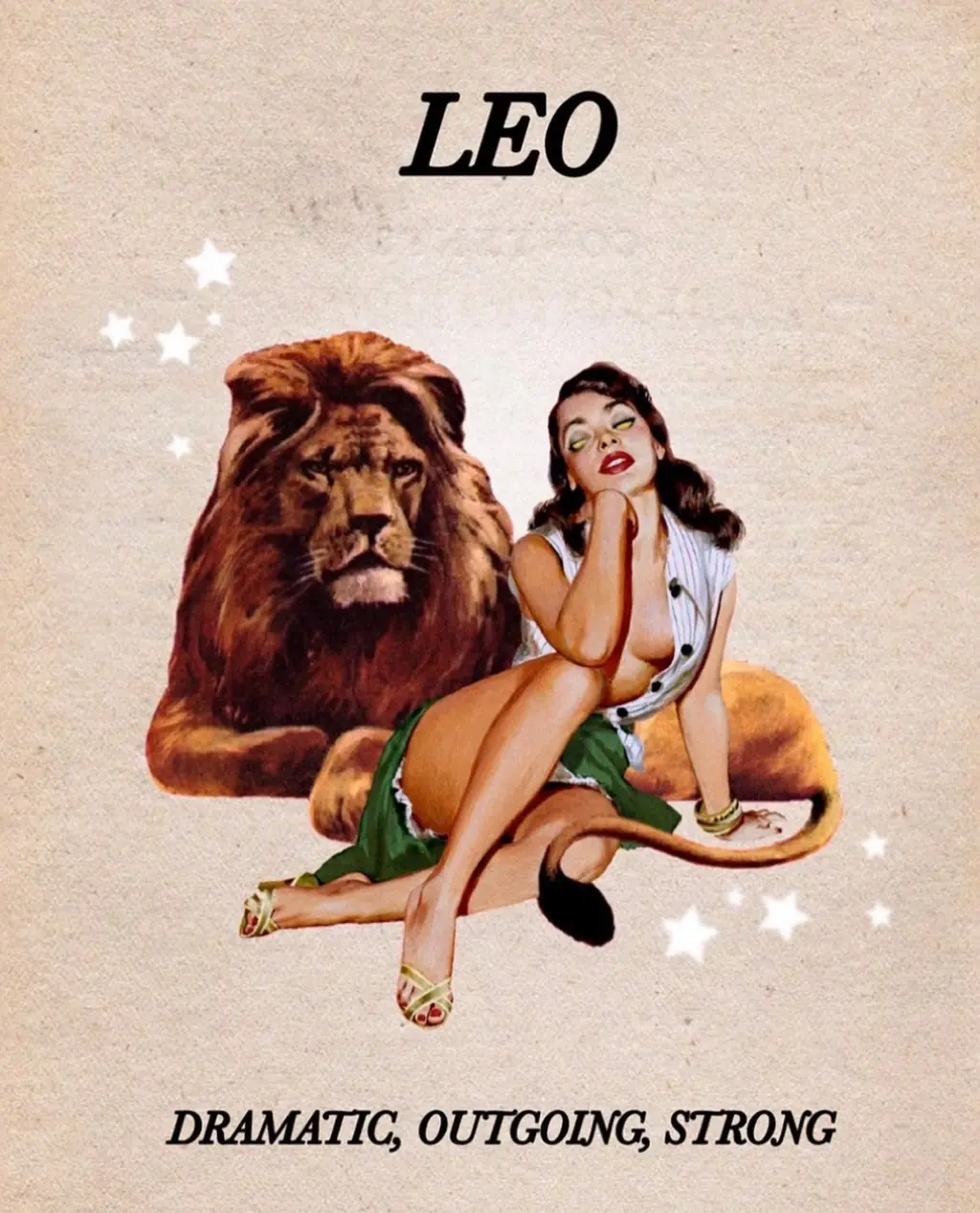 Vintage-style Leo zodiac print from Katie's suite: a woman lounging beside a lion, captioned 'Dramatic, outgoing, strong'