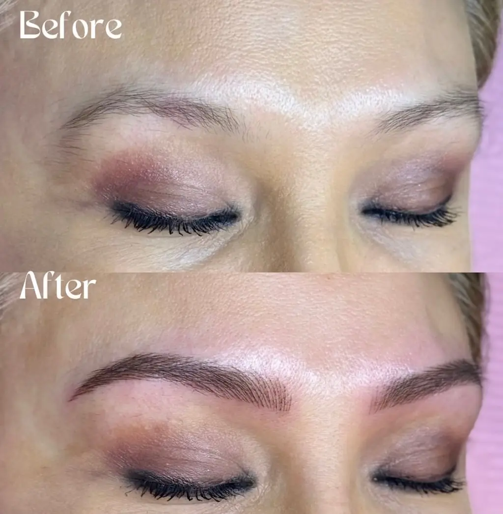 Before and after: sparse, light brows become full, defined brows with fine hair-like strokes