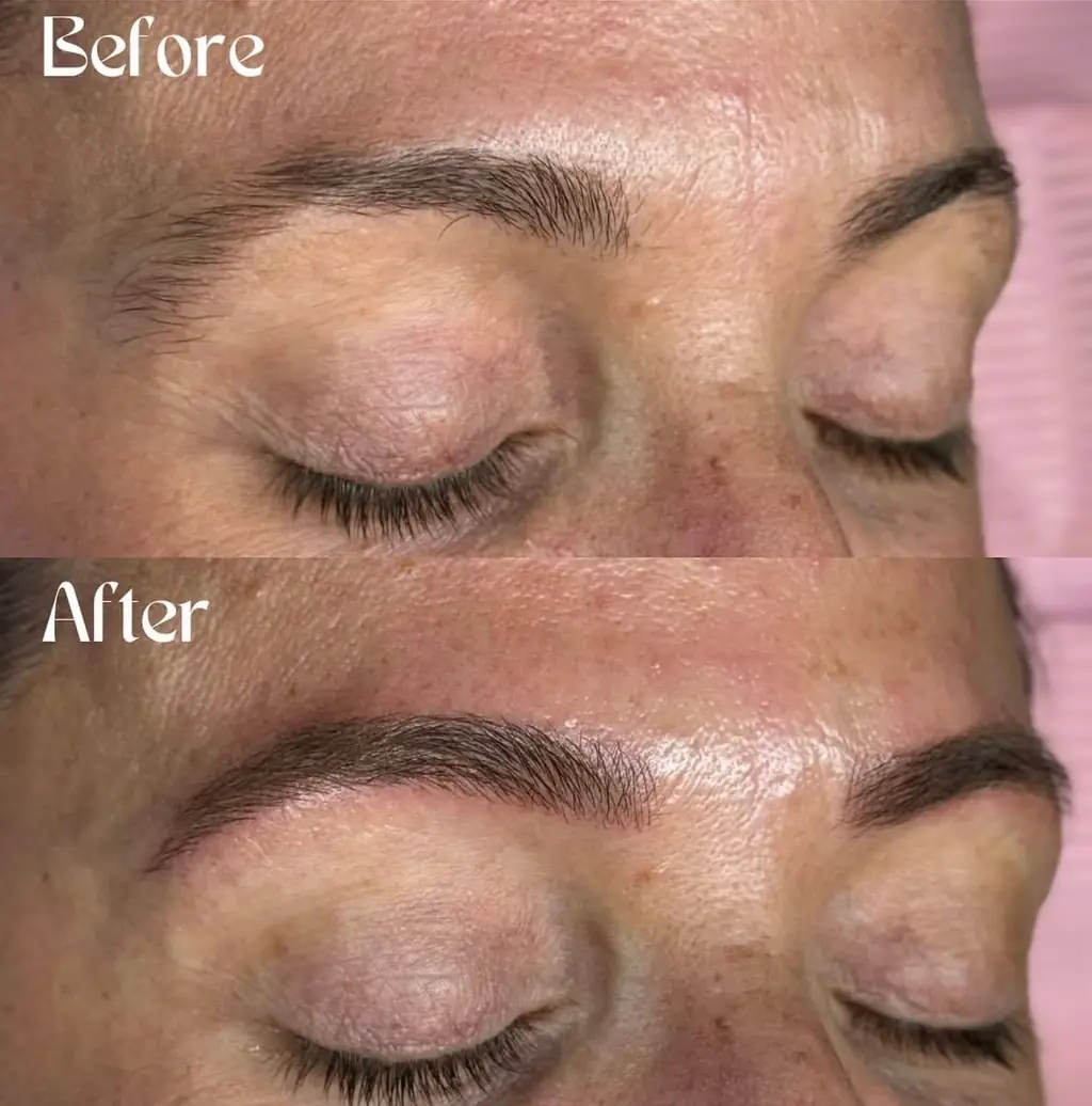 Before and after: a client's brows shaped and filled into a fuller, even arch
