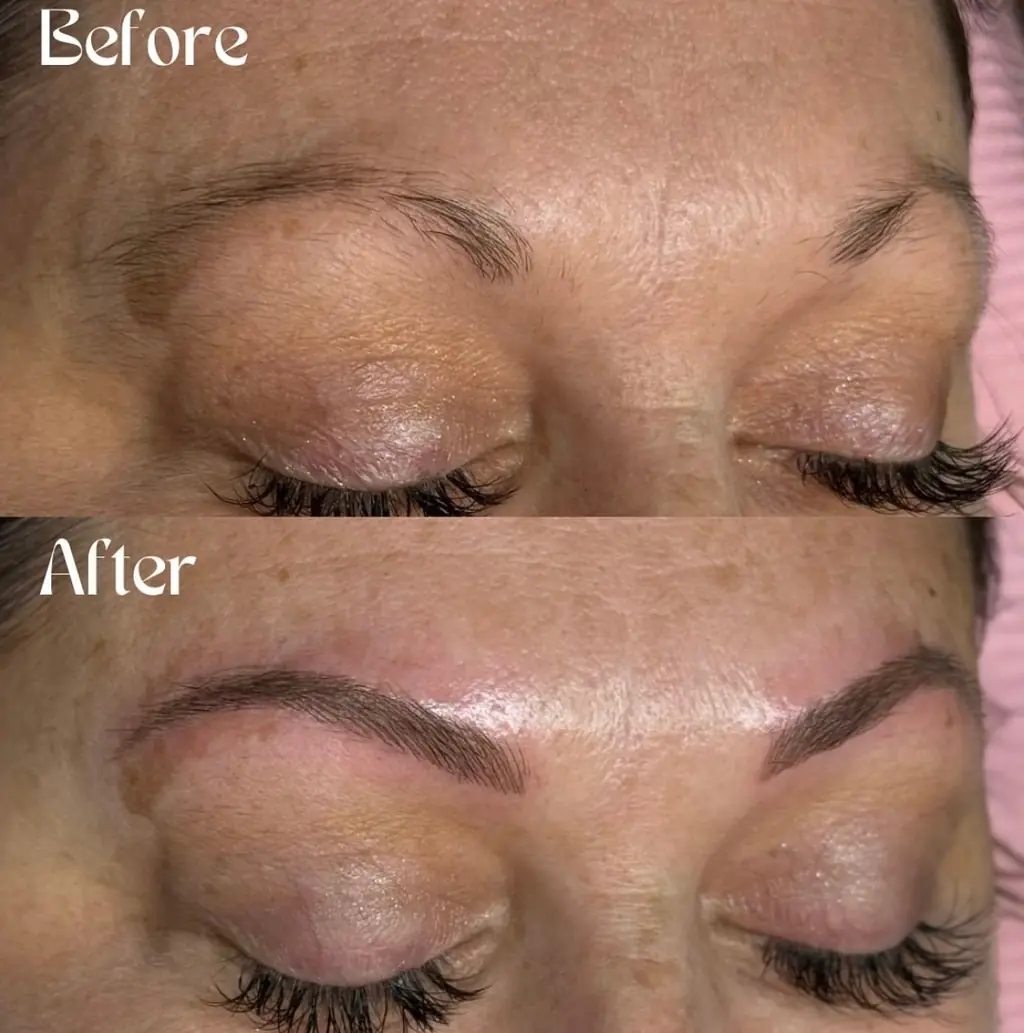 Before and after: thin, uneven brows become full, softly defined brows