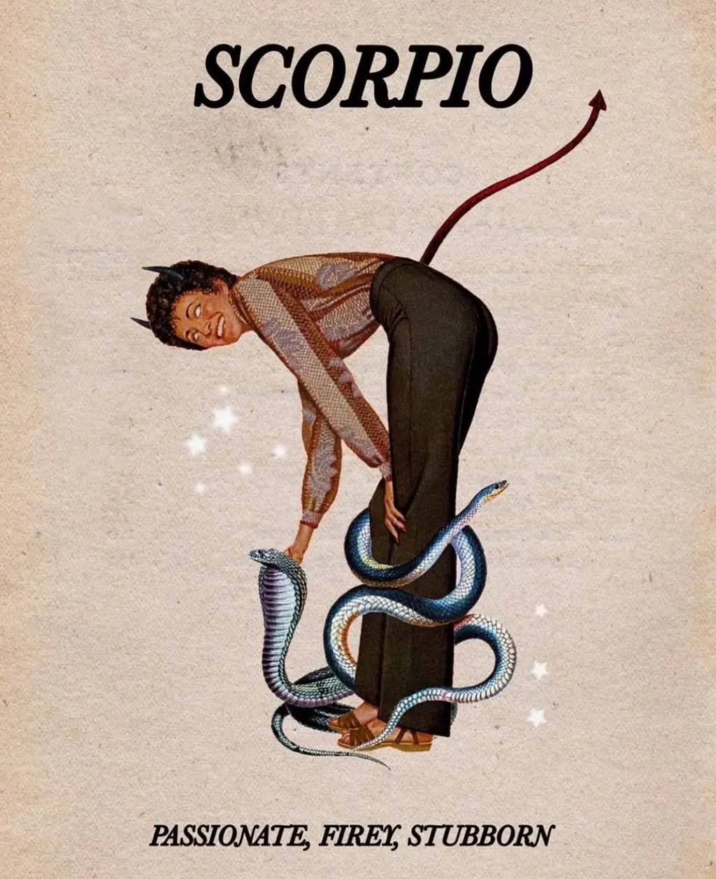 Vintage-style Scorpio zodiac print from Katie's suite: a woman with devil horns and tail among snakes, captioned 'Passionate, firey, stubborn'