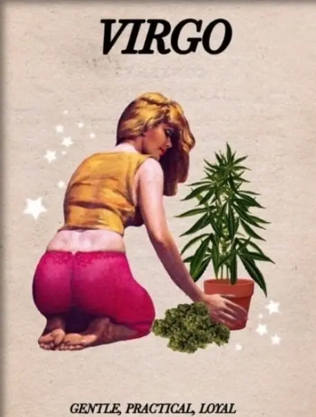 Vintage-style Virgo zodiac print from Katie's suite: a woman tending a potted plant, captioned 'Gentle, practical, loyal'